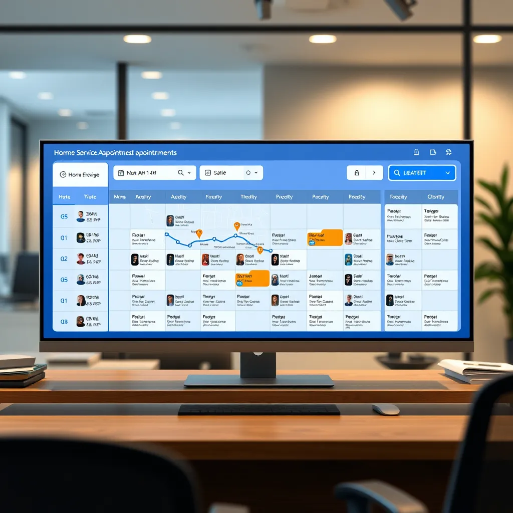 A digital dashboard displaying an optimized schedule for home service appointments, featuring a map with efficient routes highlighted, and time slots filled with clients’ names, set in a modern office environment.