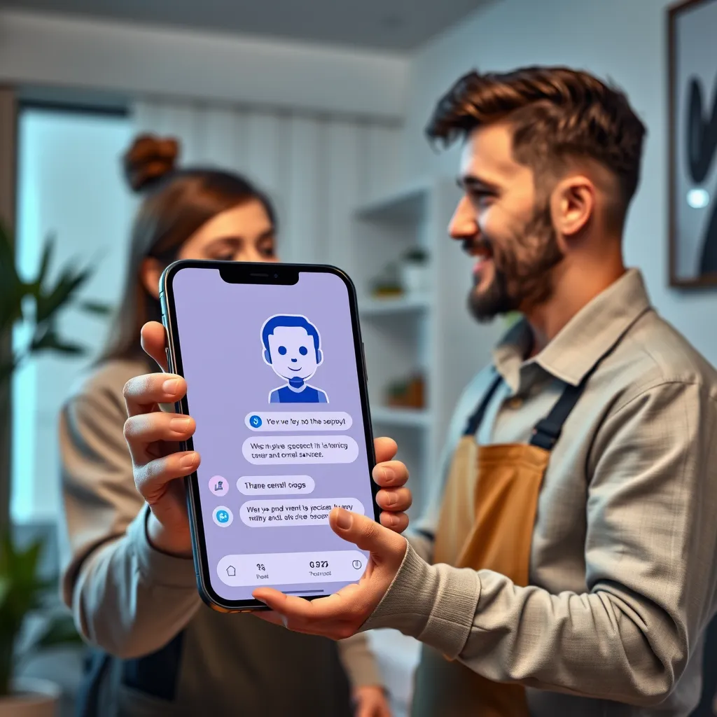 A friendly AI chatbot interface displayed on a smartphone screen, alongside a home service worker engaging with a customer at home. The scene should convey a modern and friendly ambiance, showcasing AI interaction in customer service.