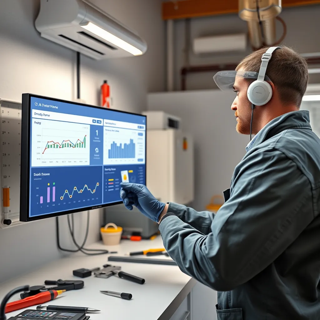 A technician inspecting a smart home device connected to an AI analytics dashboard. The dashboard highlights graphs and alerts for predictive maintenance, with tools and equipment visible in a clean, bright workspace.