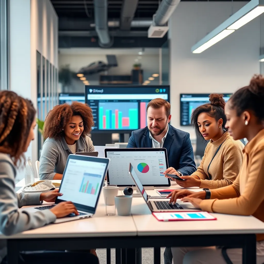 A visually appealing office environment showing a team of diverse home service providers using AI scheduling software on laptops and tablets. There are calendars and charts on screens, with a backdrop of a smart office, conveying modern technology and efficiency.