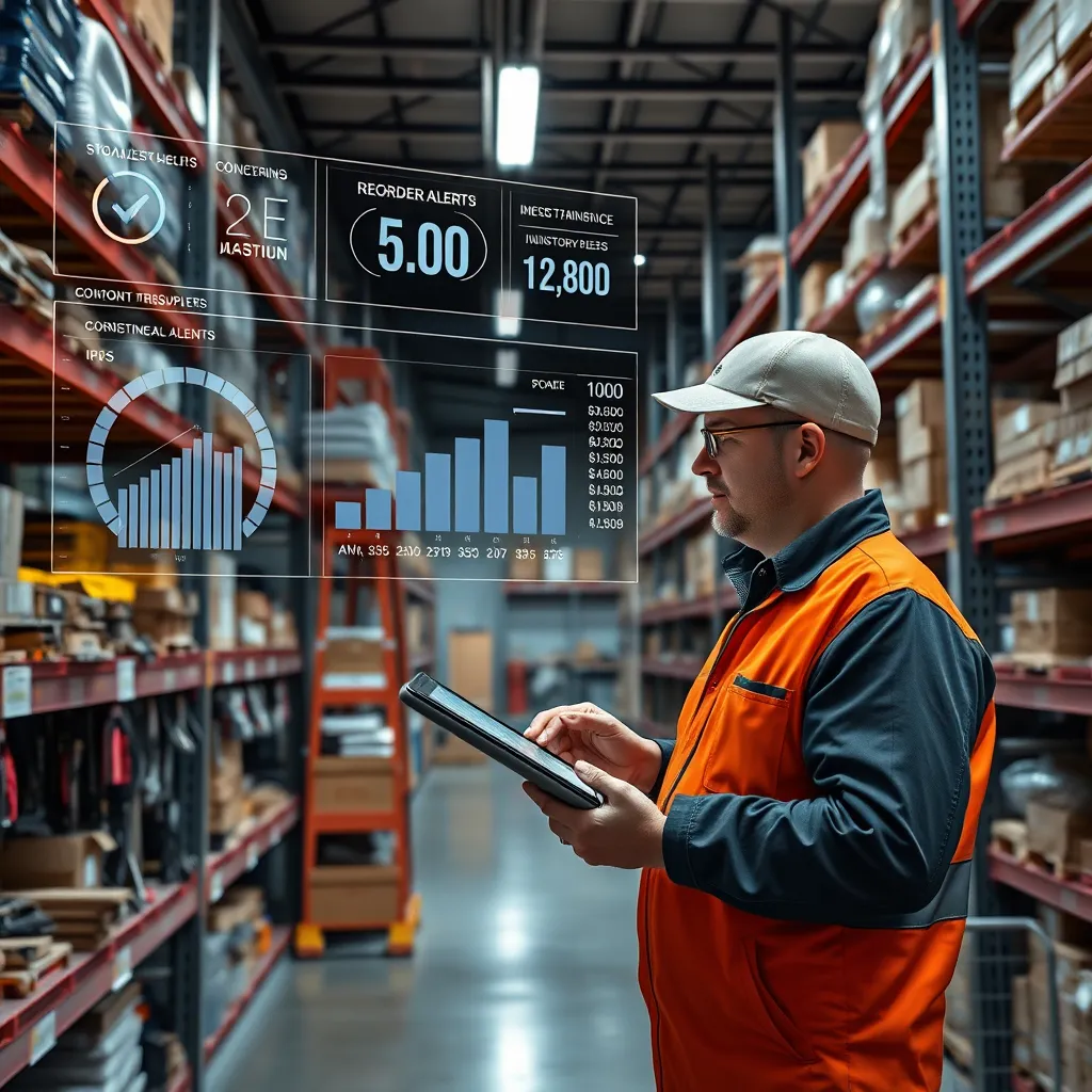 A warehouse setting with shelves of tools and supplies, showcasing an AI software interface displaying inventory statistics and reorder alerts, alongside a technician reviewing stock levels on a tablet.