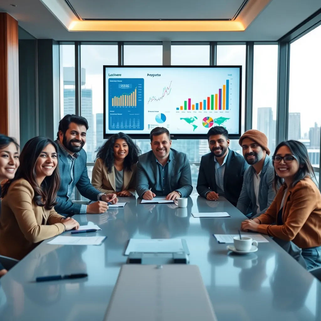 A well-lit office scene showcasing a diverse team of professionals gathered around a large screen displaying vibrant, dynamic charts and graphs. The atmosphere is collaborative and energetic, with soft diffused lighting illuminating faces and creating a warm environment. The color palette includes soothing blues and greens, conveying a sense of trust and growth. The camera angle is slightly elevated, focusing on the screen while capturing the engaged expressions of the team. Textures include a sleek modern conference table and polished wood accents, with a background of floor-to-ceiling windows revealing a bustling cityscape. Props include pens, notepads, and coffee cups, enhancing the dynamic work environment. Style references include the clean aesthetic of modern corporate photography. Ensure hyperrealistic quality, ultra-detailed features, and an 8K resolution.