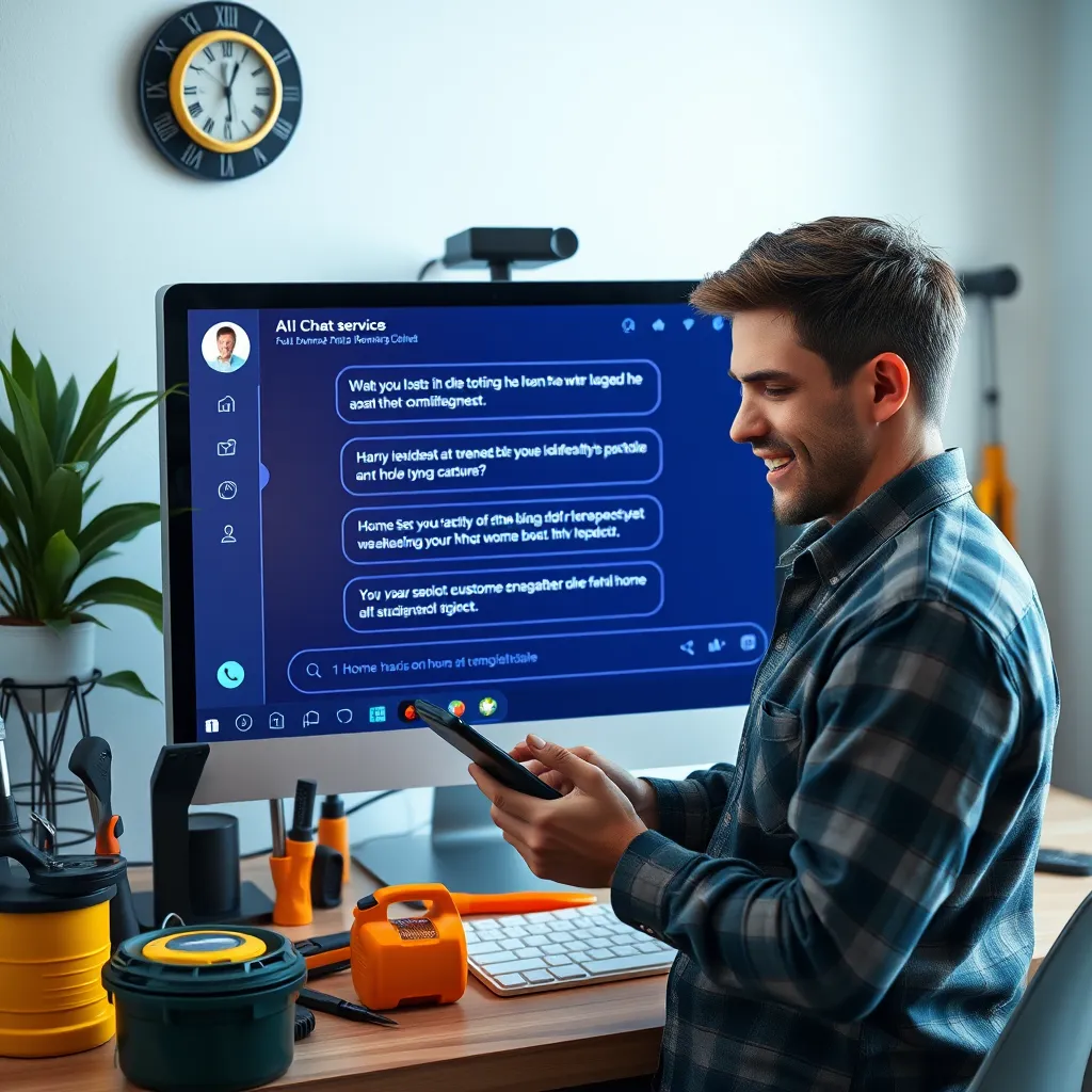 An AI chatbot interface on a computer screen providing automated responses to customer inquiries about home services, with a happy customer interacting on their smartphone, surrounded by home maintenance tools.