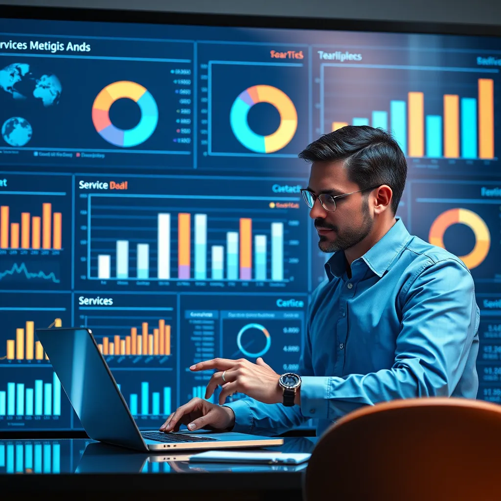An analytical dashboard displaying various metrics and data visualizations, with a service provider analyzing them on a laptop. The background should evoke a sense of professionalism, showcasing elements like bar graphs and pie charts, symbolizing data-driven strategies.