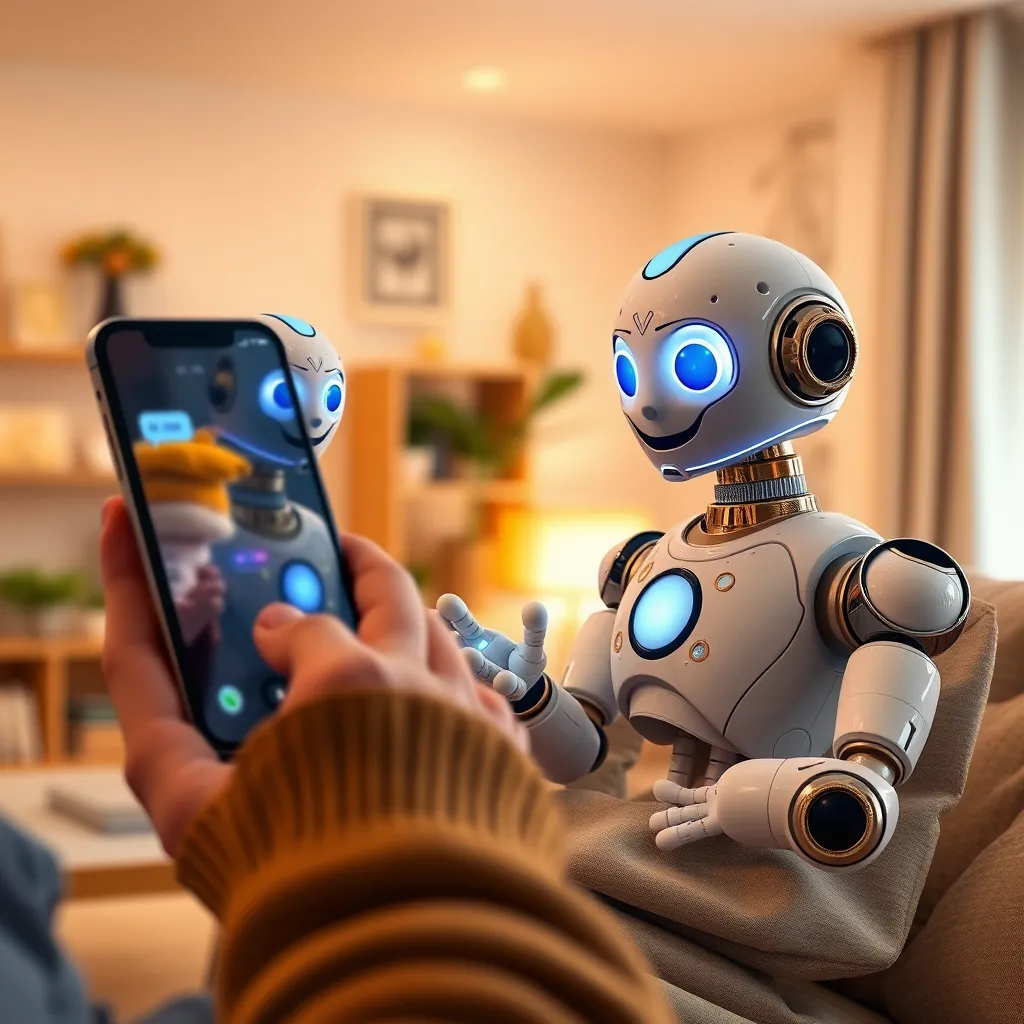 An engaging visual of a customer interacting with a friendly AI chatbot on a smartphone, set against a backdrop of a cozy home environment. Reflections of the chatbot interface can be seen on the screen, showing instant responses.