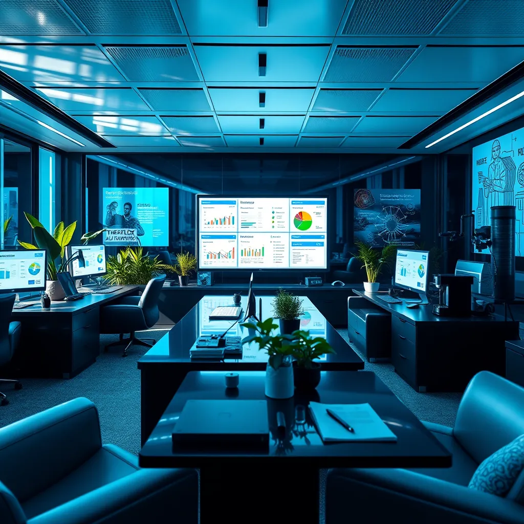 An expansive workspace filled with advanced technology, showcasing a workflow automation dashboard on multiple screens displaying intuitive interfaces. The lighting is dynamic with dramatic side lighting that casts intriguing shadows across the desktop. The color palette involves deep blues and striking whites, conveying professionalism and efficiency. The camera perspective captures not only the screens but also the reflective surfaces of sleek furniture and gadgets around the room. Textures include glossy finishes on devices and soft textiles in seating areas. Environmentally, there are green plants adding life to the space, with inspirational tech-led posters in the backdrop. Include elements such as paperwork being organized and a coffee maker suggesting activity in the space. Style references align with high-tech corporate environments. Capture this visual in hyperrealistic quality with ultra-detailed precision at 8K resolution.